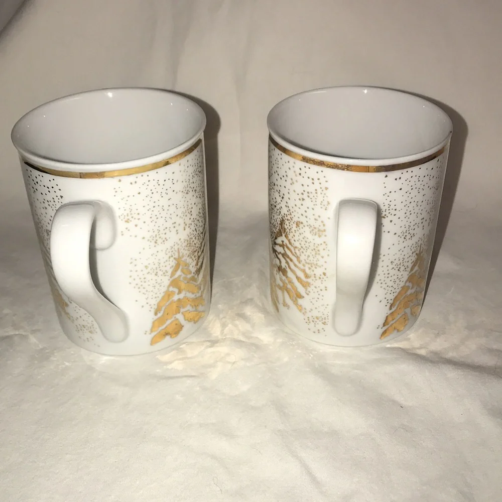 2 Dansk Porcelain Golden Pine Holiday Mugs with Metallic Gold EvergreenTrees